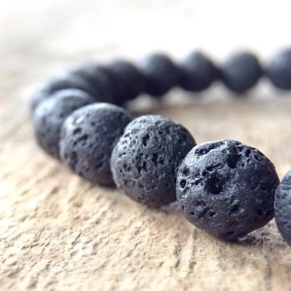 Red Cross Black Lava Stone Beaded Bracelet 8mm beads - Size 8 inches